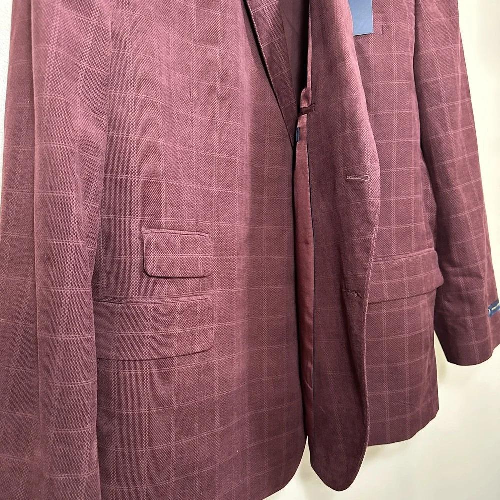 Stafford Mens 60 Long Sport Coat Burgundy Windowpane Cotton Big & Tall Blazer
